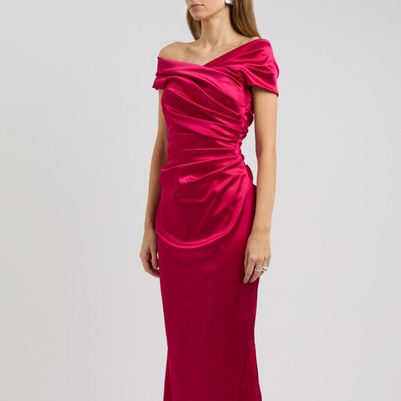 Talbot Runhof Satin Off-The-Shoulder Mermaid Gown Dress Azalea Pink - Picture 4 of 10